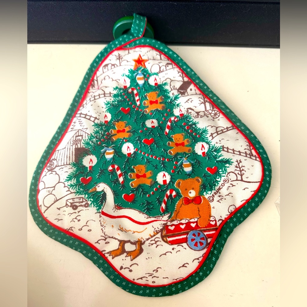 NEW Vintage Franco Christmas Tree Pot Holder Oven Mitt 1980s Teddy Bear Goose